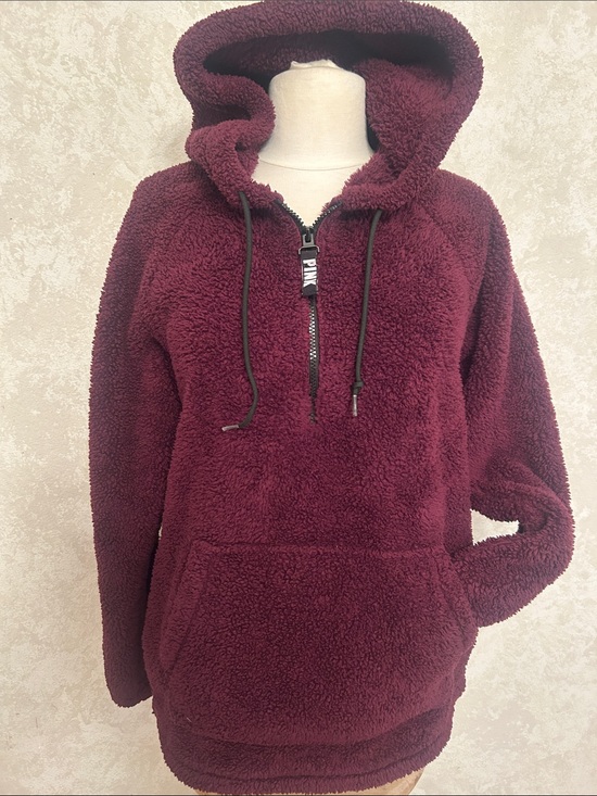 PINK Victoria's Secret Tops - PINK Victoria's Secret Plum Fizzy Sherpa Cozy Half-Zip Hoodie Size Small